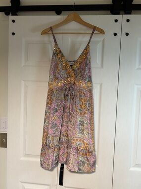 80% Silk-Sleeveless Paisley Mini Dress in Pink and Yellow